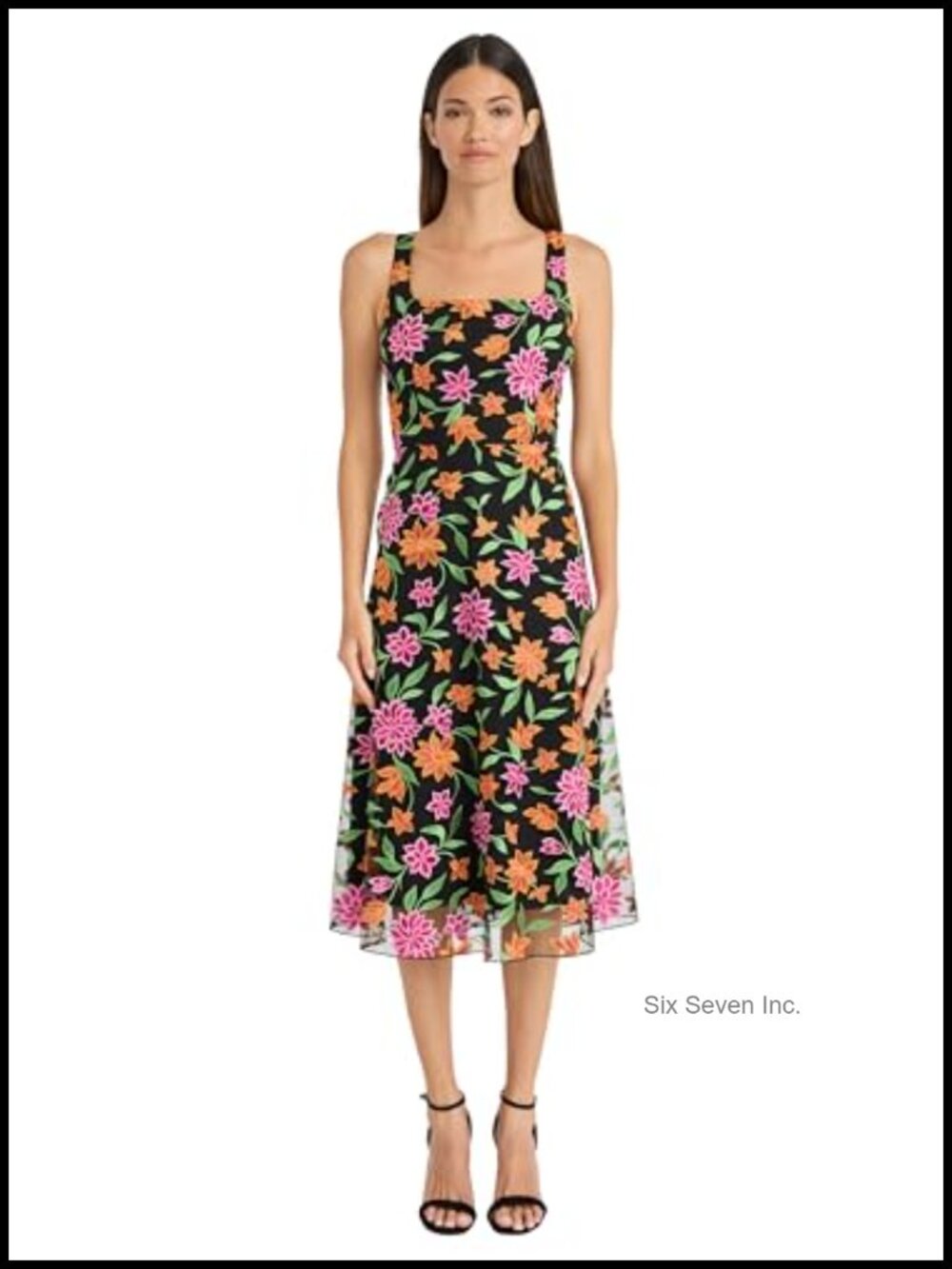 Sleeveless Midi A-Line Dress with Floral Print and Square Neckline